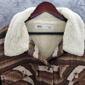 Buckle XL Sherpa Shacket Brown striped button coat warm soft wool & polyester